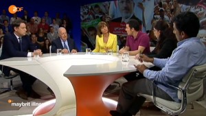 Ägypten-Talk im ZDF: (v.l.n.r.) Philipp Mißfelder, Peter Scholl-Latour, Maybritt Illner, Hamed Abdel-Samad, Luban Azzam, Mazan Okasha